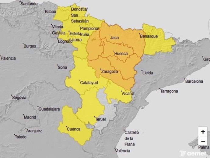 Mapa de avisos por lluvias y tormentas.