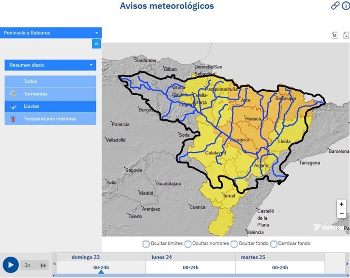 Mapa de la cuenca del Ebro con avisos meteorológicos.