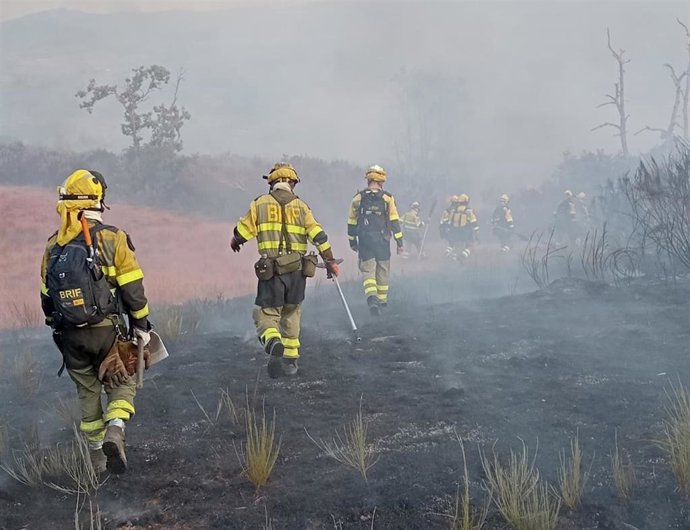 Agentes de la BRIF de Laza en el incendio forestal de Chandrexa de Queixa (Ourense), a 22 de agosto de 2026.