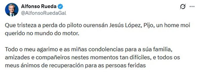 Alfonso Rueda lamenta la muerte de Jesús López, piloto ourensano fallecido este domingo, 23 de agosto de 2026.