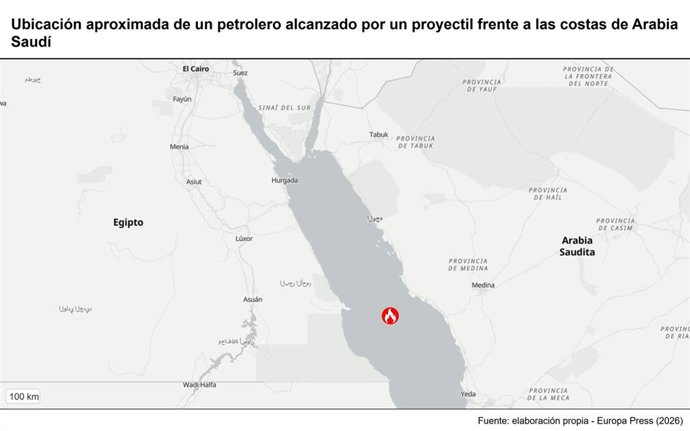 Archivo - Ubicación aproximada de un petrolero alcanzado por un proyectil frente a las costas de Arabia Saudí