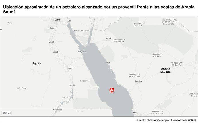 Archivo - Arquivo - Localização aproximada de um petroleiro atingido por um projétil na costa da Arábia Saudita