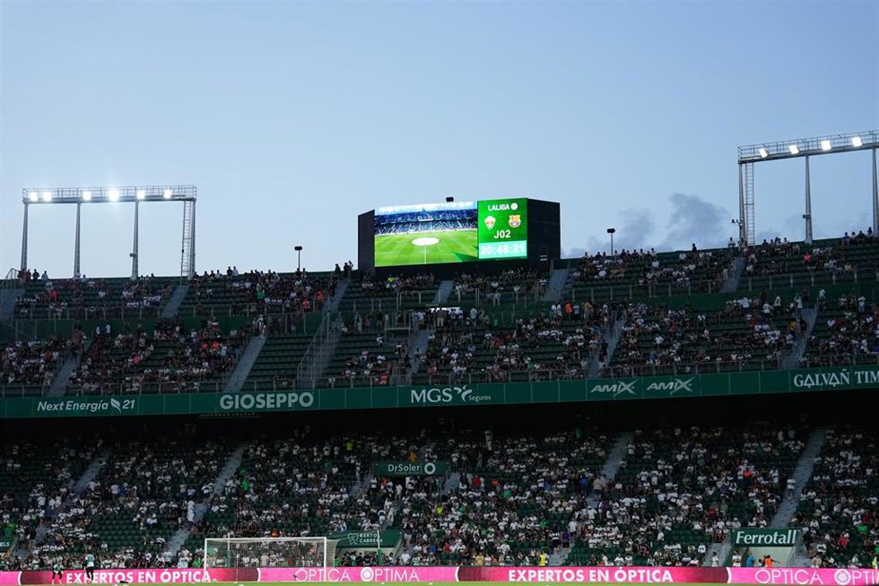 General view inside the stadium during the Spanish League, LaLiga EA Sports, football match played between Elche CF and FC Barcelona at Estadio Manuel Martinez Valero on August 23, 2026, in Elche, Spain.