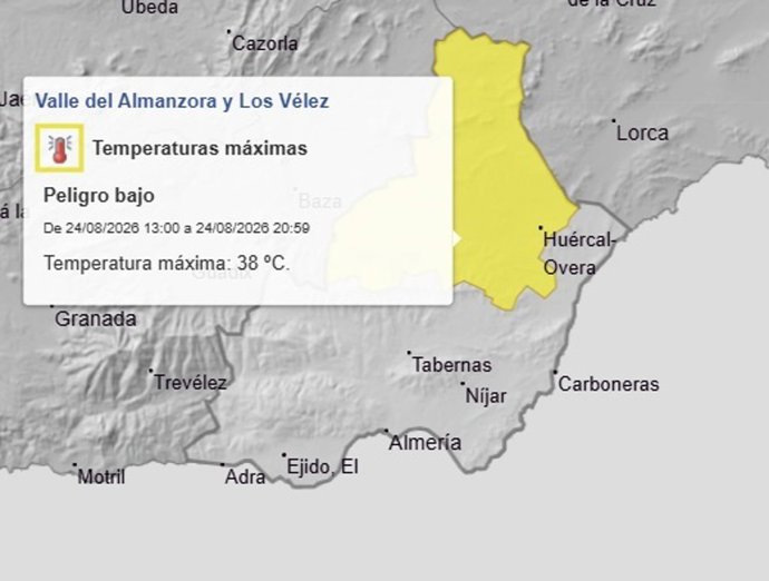 Avisos amarillos por temperaturas máximas en las comarcas del Valle del Almanzora y Los Vélez, en Almería.
