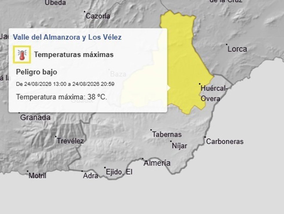 Avisos amarillos por temperaturas máximas en las comarcas del Valle del Almanzora y Los Vélez, en Almería.
