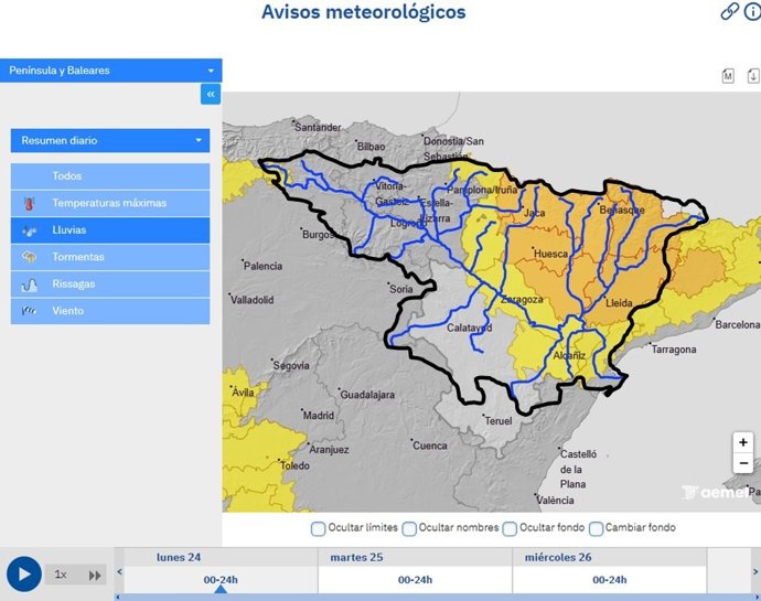 Avisos de la Aemet en la cuenca del Ebro para el 24 de agosto de 2026.