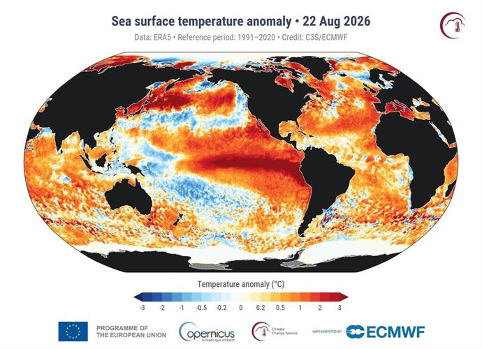 Anomalías en la temperatura de la superficie del mar para el 22 de agosto de 2026.