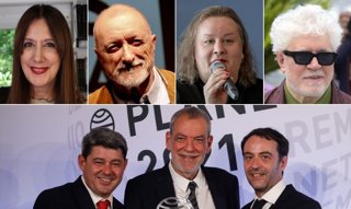 Los autores Dolores Redondo, Arturo Pérez-Reverte, Alana S. Portero, Jorge Díaz, Agustín Martínez y Antonio Mercero --reunidos bajo el pseudónimo de Carmen Mola-- y el cineasta Pedro Almodóvar