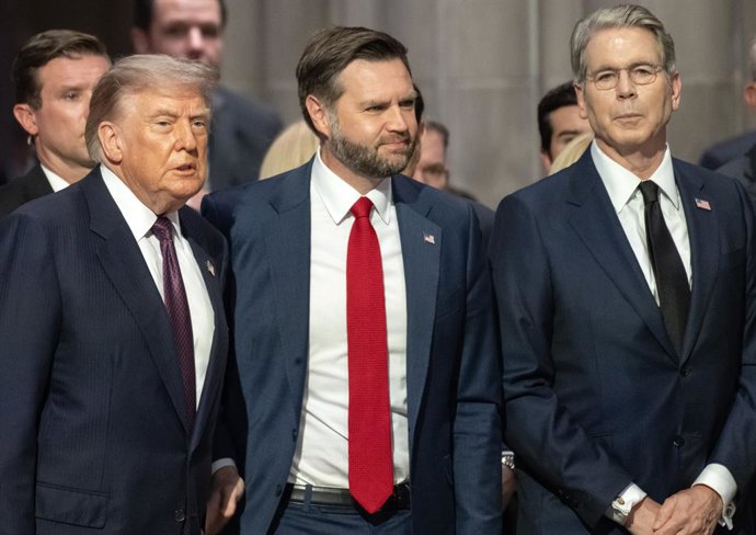 July 28, 2026, Washington, District Of Columbia, USA: United States President Donald J Trump, US Vice President JD Vance and US Secretary of the Treasury Scott Bessent prior to the funeral service for the late US Senator Lindsey Graham (Republican of Sout