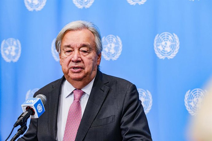 August 24, 2026, New York, New York, United States: ANTONIO GUTERRES, Secretary-General of the United Nations, speaks at the Security Council stakeout on efforts to uphold navigational rights and freedoms. GUTERRES outlined a UN-developed confidence-build