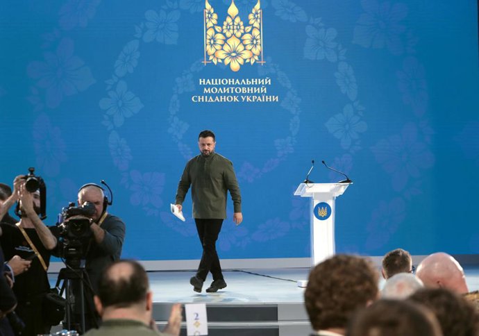 August 23, 2026, Kyiv, Ukraine: President of Ukraine Volodymyr Zelenskyy leaves the stage during the National Prayer Breakfast, dedicated to Ukraine's 35th Independence Day, Kyiv, Ukraine, August 23, 2026. The National Prayer Breakfast of Ukraine is an an