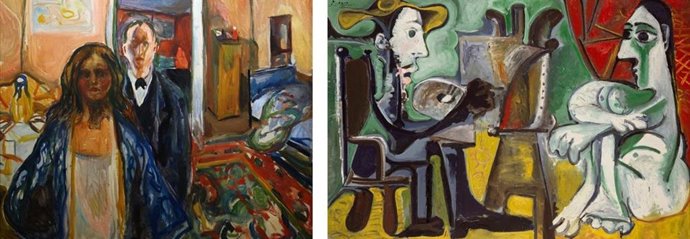 Edvard Munch (1863 - 1944) El artista y su modelo. 1919–1921 y Pablo Picasso (1881 - 1973) El pintor y la modelo. Mougins, 1963
