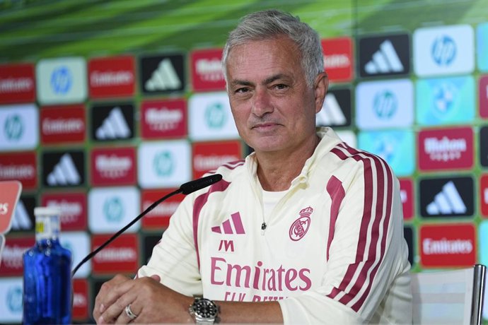Jose Mourinho attends his press conference during the training day of Real Madrid ahead the Spanish League, LaLiga EA Sports, football match against Real Sociedad at Ciudad Deportiva Real Madrid on August 25, 2026, in Valdebebas, Madrid, Spain.