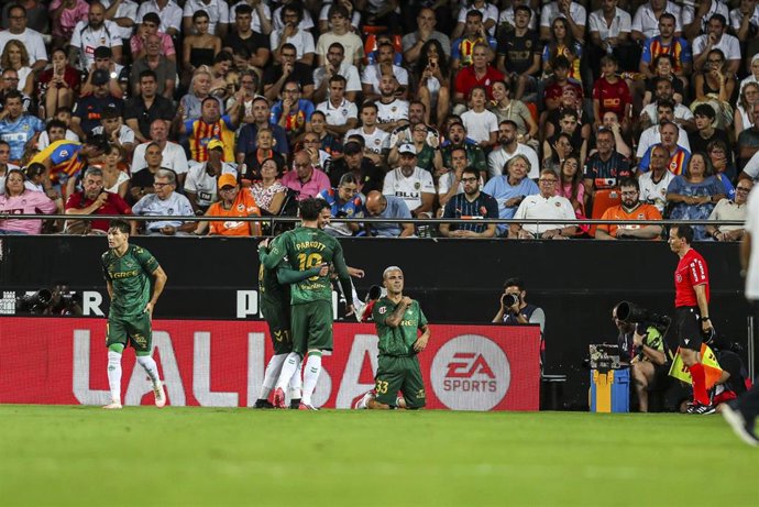 Pablo Garcia of Real Betis Balompie celebrates a goal during the Spanish league, LaLiga EA Sports, football match played between Valencia CF and Real Betis Balompie at Mestalla stadium on August 25, 2026, in Valencia, Spain.