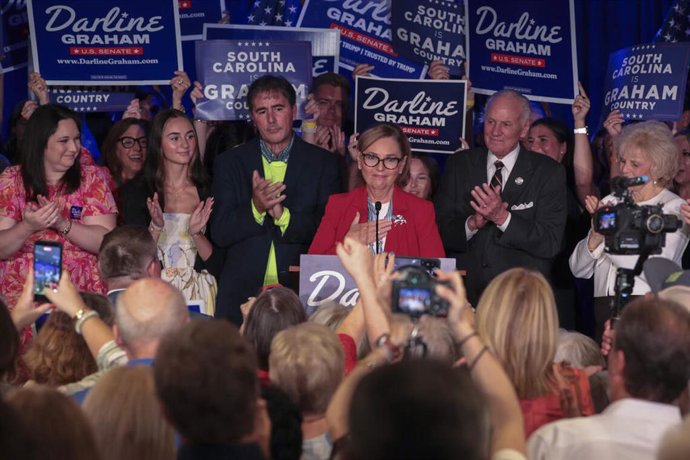 August 25, 2026, Newberry, South Carolina: U.S. Sen. Darline Graham speaks Tuesday after winning the runoff election to secure the Republican nomination for her late brotherĂ˘ââ˘s Senate seat. Graham spoke at a watch party at the Community Room of Will