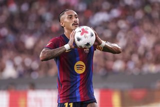 Raphinha of FC Barcelona in action during the Joan Gamper Trophy, football match played between FC Barcelona and Al-Ahly FC at Spotify Camp Nou stadium on August 19, 2026 in Barcelona, Spain.