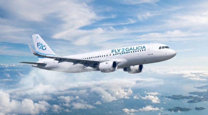 Avión de Fly2Galicia, en imagen promocional de la marca comercial de la turoperadora Aviation & Mobility Services Group S.L.