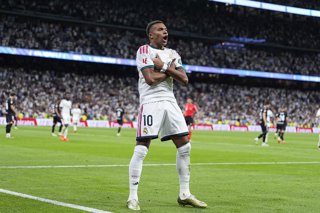 Kylian Mbappe of Real Madrid CF celebrates after scoring his team's second goal during the Spanish League, LaLiga EA Sports, football match played between Real Madrid and Real Sociedad at Bernabeu stadium on August 26, 2026, in Madrid, Spain.
