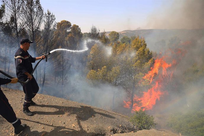 Archivo - Un bombero trabaja para extinguir un incendio forestal en Bordj Ojris, Buira, ubicada aproximadamente a 150 kilómetros al sureste de Argel, en Argelia