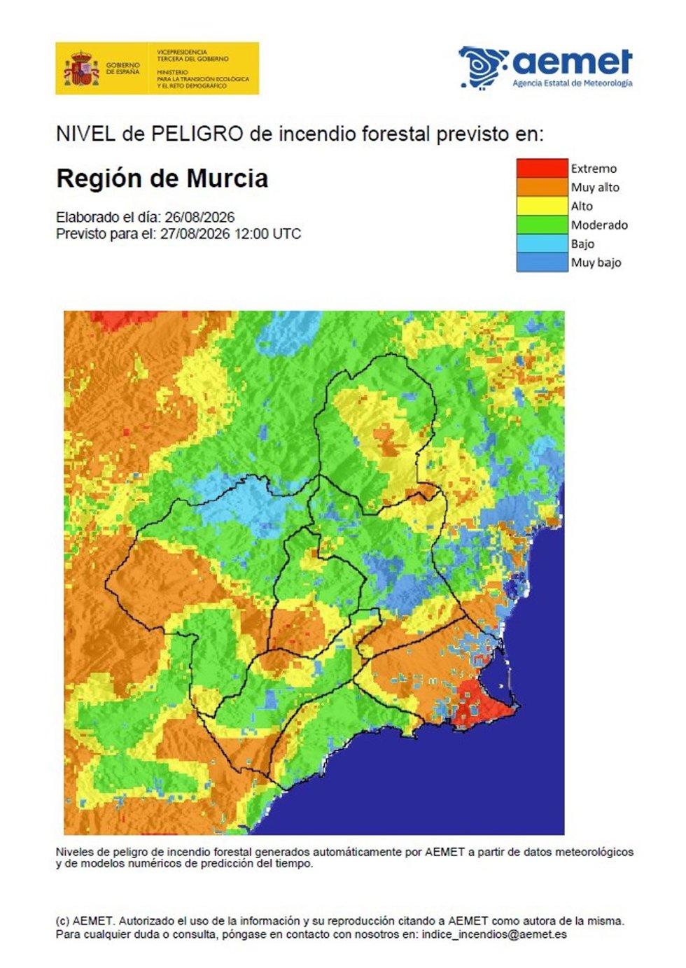 El nivel de riesgo de incendio forestal este jueves es alto en la Cuenca de Mula, Guadalentín, Litoral este y Noroeste