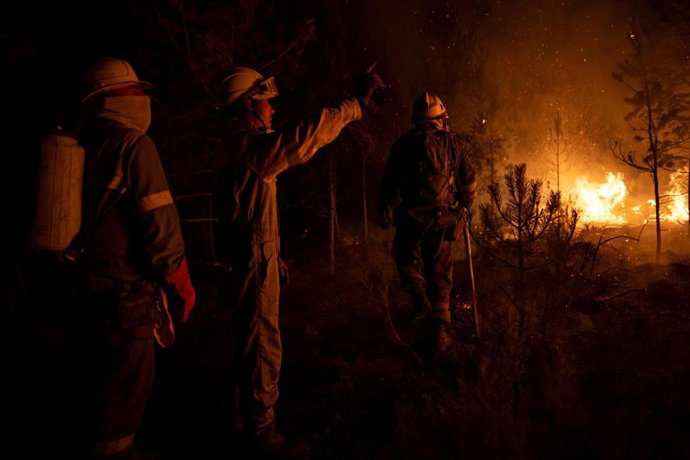 Archivo - Un grupo de bomberos forestales tratan de extinguir el fuego, a 22 de agosto de 2025, en Argayo, León, Castilla y León (España). 