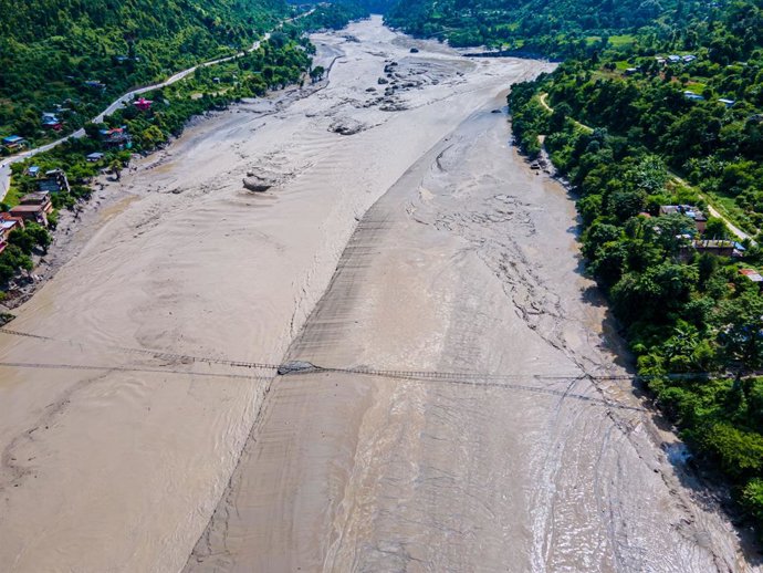 August 26, 2026, Nuwakot, Bagmati, Nepal: NUWAKOT, NEPAL - AUGUST 26, 2026: An aerial view shows flooding along the Bhotekoshi River affecting low-lying areas and settlements near the riverbanks in Nuwakot, Nepal, on August 26, 2026. Floodwaters reached r