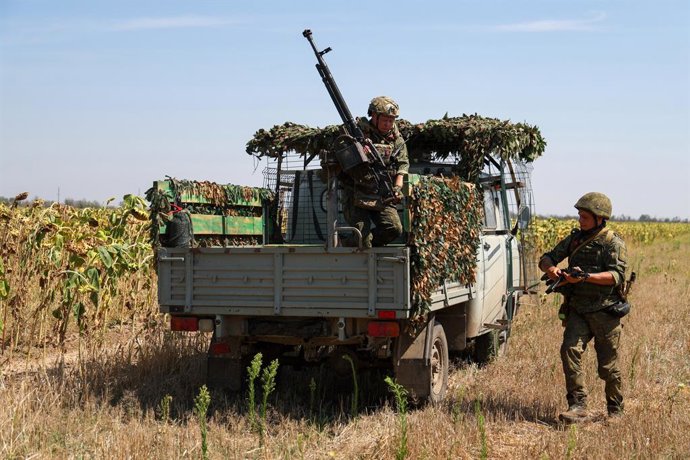 RUSSIA, KHERSON REGION - AUGUST 18, 2026: Servicemen of a Russian Army Group Dnepr 18th Combined Arms Army mobile fire team during a combat mission in the special military operation zone