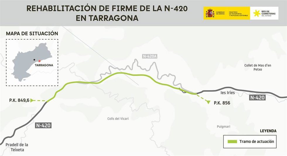 Mapa de las obras de la N-420 entre Pradell y Riudellots (Tarragona)