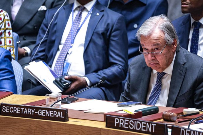 August 25, 2026, New York, New York, United States: United Nations Secretary-General ANTONIO GUTERRES listens during the Security Council high-level open debate Food Under Fire: The Security Council's Role in Mitigating Global and Local Food Crises, addre