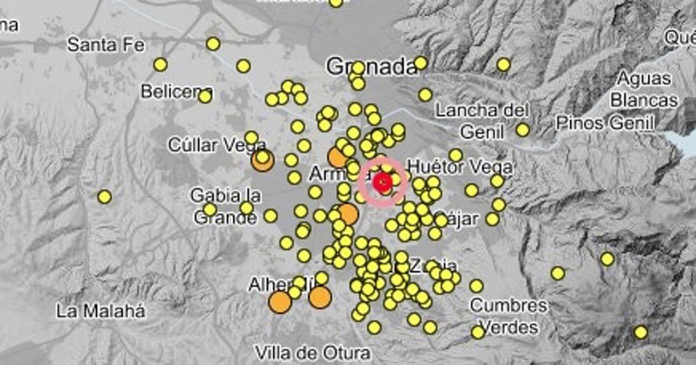 Captura de pantalla de la situación de Granada en materia de seísmos en el Instituto Geográfico Nacional