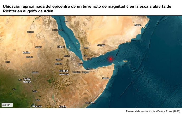 Archivo - Ubicación aproximada del epicentro de un terremoto de magnitud 6 en la escala abierta de Richter en el golfo de Adén
