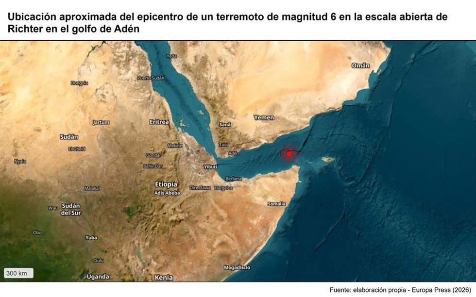 Archivo - Ubicación aproximada del epicentro de un terremoto de magnitud 6 en la escala abierta de Richter en el golfo de Adén