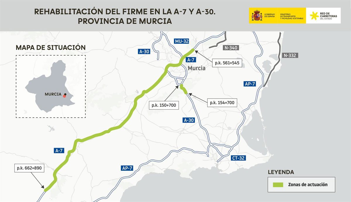 Transportes licita por 8,7 millones la rehabilitación del firme de 105 kilómetros de las autovías A-7 y A-30 en Murcia