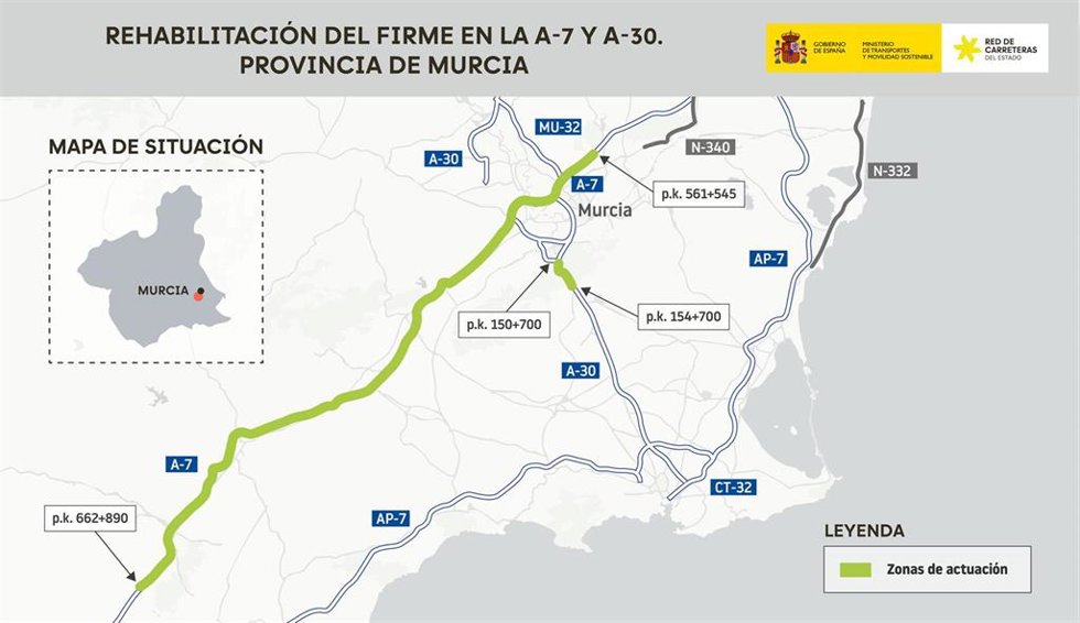 Transportes licita por 8,7 millones la rehabilitación del firme de 105 kilómetros de las autovías A-7 y A-30 en Murcia