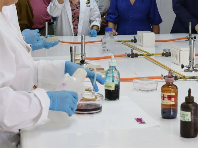 Una persona manejando productos químicos.