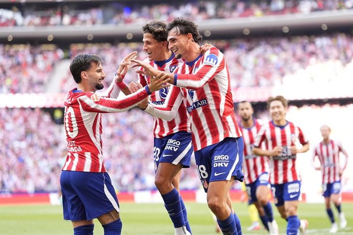 Marc Pubill of Atletico de Madrid celebrates after scoring his team's first goal during the Spanish League, LaLiga EA Sports, football match played between Atletico de Madrid and Villarreal CF at Riyadh Air Metropolitano stadium on August 23, 2026, in Mad