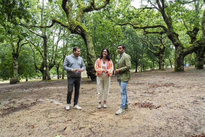 O prefeito de Cerdedo-Cotobade, Jorge Cubela; a secretária-geral do PPdeG, Paula Prado; e o presidente do PP na província de Pontevedra, Luis López, no Carballiño de San Xusto.