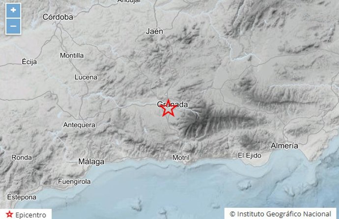 Mapa de la provincia de Granada que señala el epicentro de un terremoto registrado en Huétor Vega.