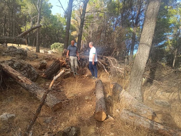Los concejales de Medio Ambiente, José María Cano, y de Mantenimiento Urbano, Javier Padorno, visitando la zona de los montes del Castillo de Santa Catalina y el parque periurbano de El Neveral para comprobar sobre el terreno su estado.