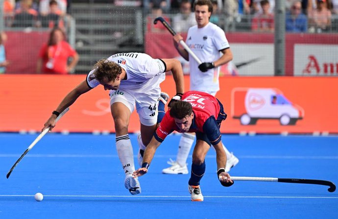 Germany's Ludwig Moritz and Spain's Marc Reyné a field hockey game between Spain and Germany, the men's final at the 2026 Hockey World Cup, on Sunday 30 August 2026, in Wavre. The 2026 edition of the Hockey World Cup takes place in Belgium and The Netherl