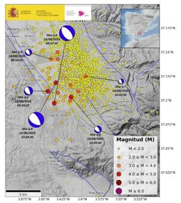 Mapa actualizado de la serie sísmica de Alhendín a 31 de agosto de 2026, con 1.430 seísmos registrados desde el 14 de agosto.