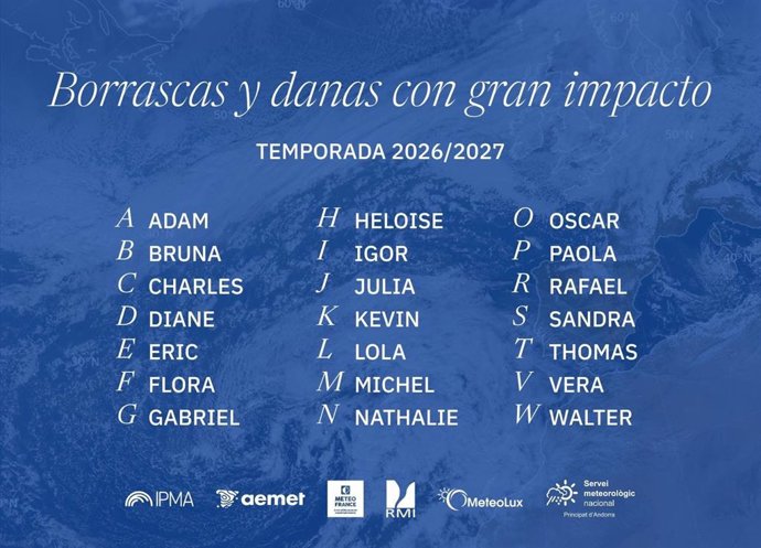 AEMET publica la lista de nombres para la temporada de borrascas y danas 2026-2027, que empieza mañana.