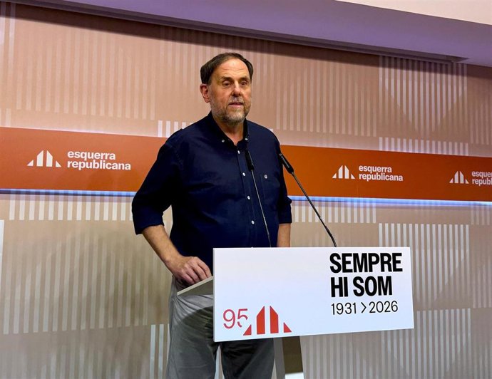 El presidente de ERC, Oriol Junqueras, en rueda de prensa.
