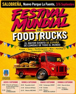 Cartel del II Festival Mundial de Foodtrucks que se celebra en el Nuevo Parque La Fuente de Salobreña del 3 al 6 de septiembre.