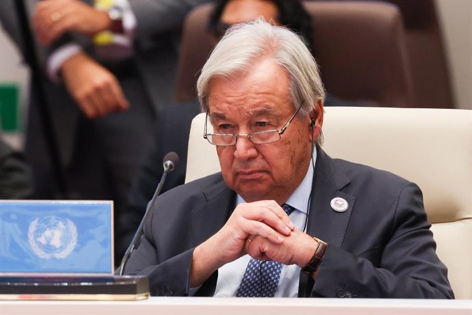 QUIRGUISTÃO, BISHKEK – 1º DE SETEMBRO DE 2026: António Guterres, secretário-geral das Nações Unidas, participa de uma reunião da SCO+ durante a Cúpula da SCO de 2026 no Centro de Congressos Yrys Ordo