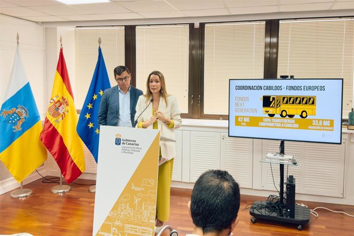 Archivo - El consejero de Obras Públicas, Vivienda y Movilidad del Gobierno de Canarias, Pablo Rodríguez, junto con la directora general de Transportes y Movilidad, María Fernández
