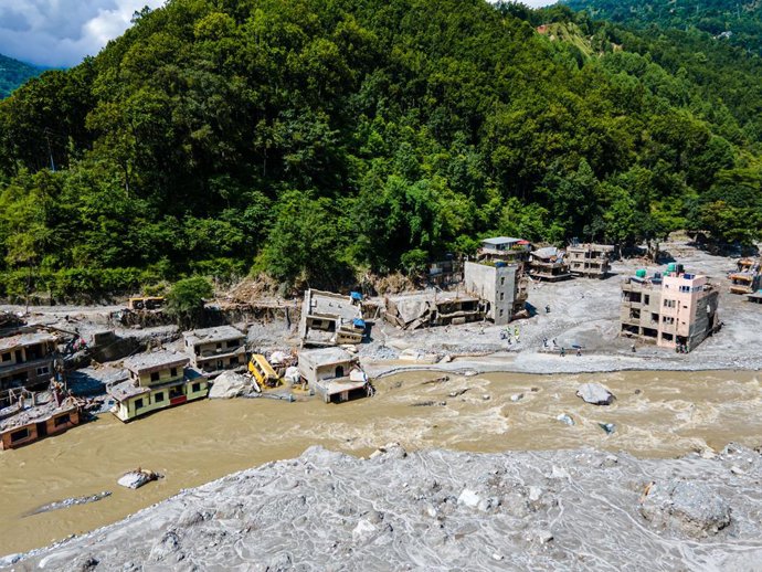 August 31, 2026, Rasuwa, Bagmati, Nepal: BETRAWATI, NEPAL, AUGUST 31, 2026: An aerial view shows widespread damage along the Trishuli River near Betrawati, on the border of Rasuwa and Nuwakot districts, following severe flooding linked to the Bhotekoshi R