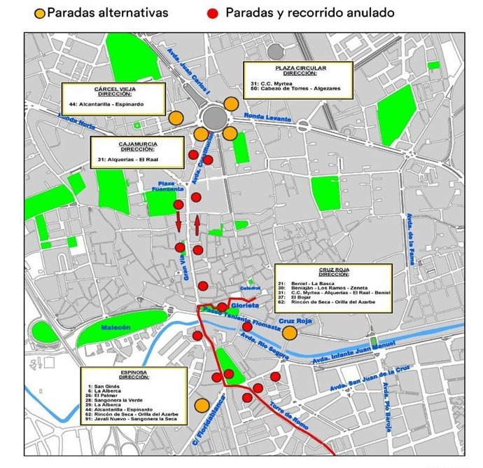 El Ayuntamiento de Murcia habilita paradas alternativas de autobús este jueves ante los cortes de tráfico por la bajada de la Fuensanta