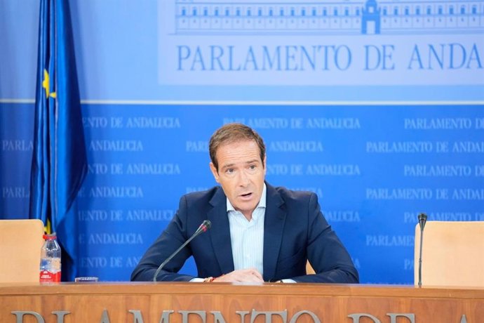 El portavoz de Vox en el Parlamento andaluz, Javier Cortés, este miércoles en rueda de prensa