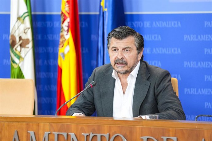 El portavoz del grupo parlamentario popular, Toni Martín, durante la ronda de ruedas de prensa de portavoces de los grupos parlamentarios en el Parlamento de Andalucía. 